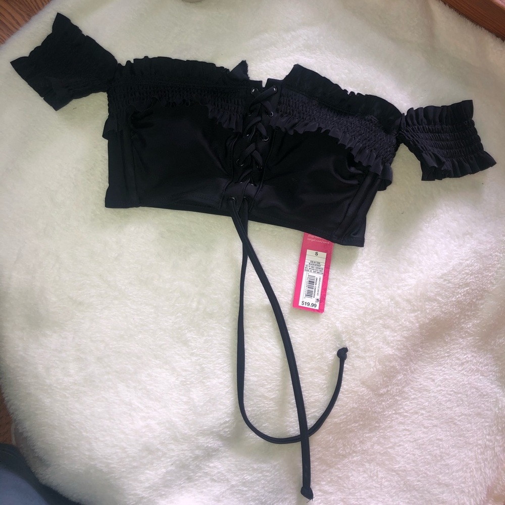 Short sleeve lace up black bikini top